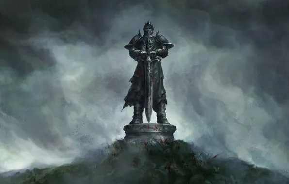 Картинка туман, кровь, меч, воин, холм, арт, статуя, King Arthur