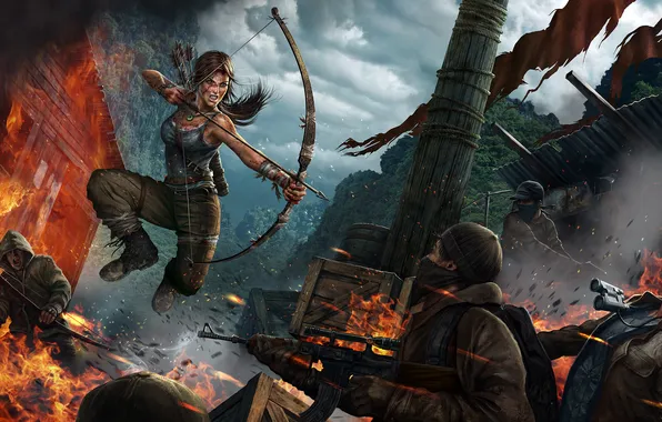 Девушка, огонь, прыжок, лук, ярость, Tomb Raider, бойцы, Lara Croft