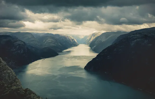 Mountains, clouds, fjord