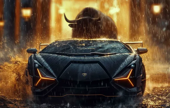 Картинка Вода, Черный, Lamborghini, Дождь, Бык, Арт, Bull, Спереди