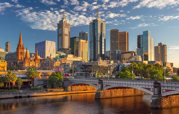 Мост, река, здания, Австралия, небоскрёбы, Melbourne, Yarra River, Australia