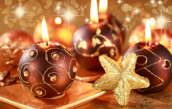 Картинка огонь, праздник, новый год, свечи, свечка, happy new year, новогодние игрушки