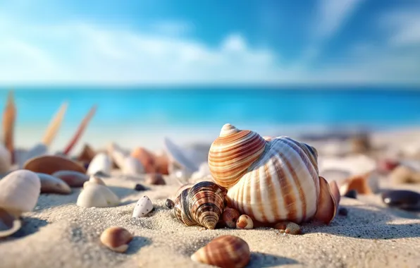 Картинка песок, море, пляж, лето, небо, берег, ракушки, summer