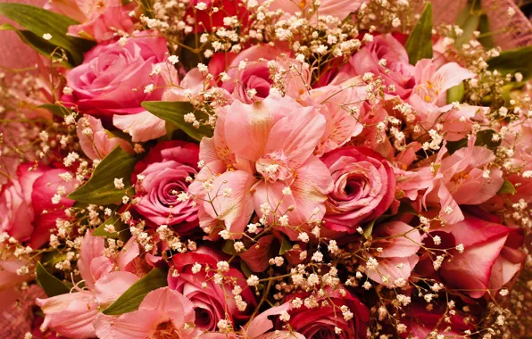 Картинка цветы, розы, лепестки, гипсофила, альстрёмерия, цветочное ассорти, розовый букет