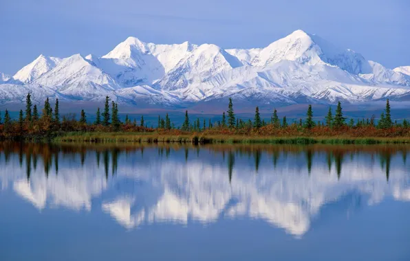 Вода, снег, деревья, горы, озеро, река, ели, Аляска