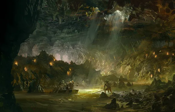 Картинка река, лодка, пещера, гоблины, подземная, guild wars 2