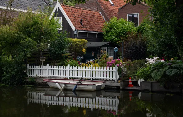 Лодка, дома, причал, канал, Нидерланды, Голландия, Edam