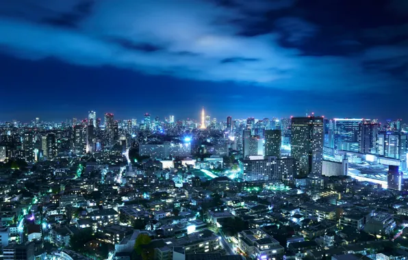 Небо, ночь, город, огни, Япония, Токио