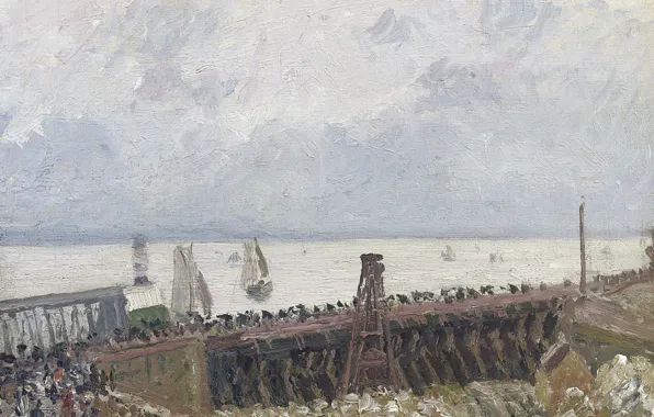 Море, лодка, картина, парус, Камиль Писсарро, Вход в Порт Гавр. Пасмурная Погода