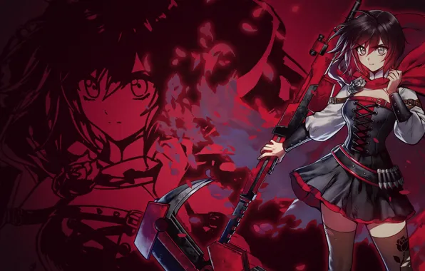 Девушка, красный, аниме, арт, RWBY, Красный Белый Чёрный Жёлтый