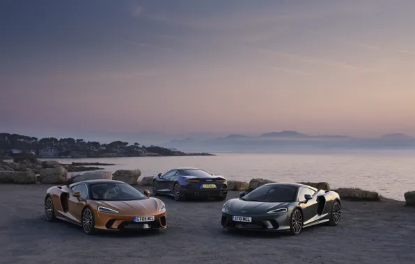 Закат, побережье, McLaren, вечер, суперкары, 2019, McLaren GT