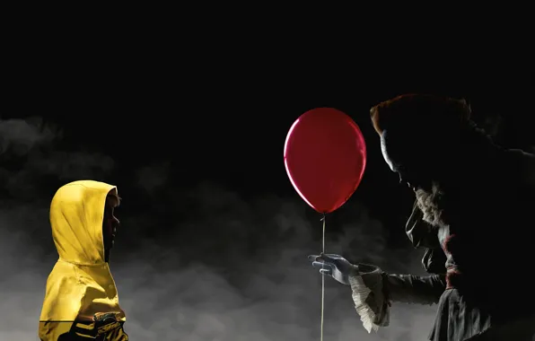 Ночь, красный, туман, шарик, клоун, куртка, капюшон, воздушный
