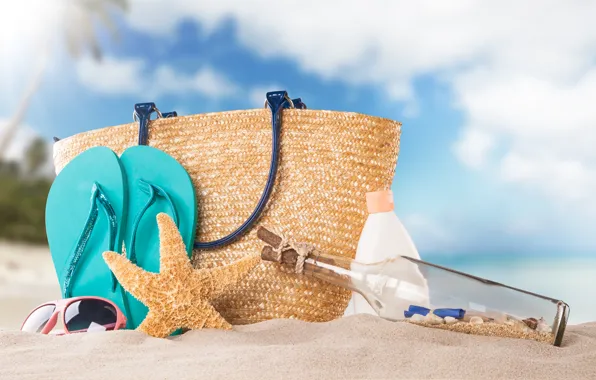 Песок, пляж, бутылка, морская звезда, сумка, крем, сланцы