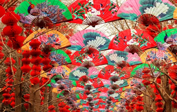 Картинка деревья, веер, Китай, фонарики, Пекин, Храм Неба, праздник Весны