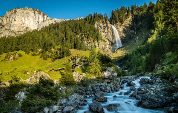 Картинка лес, горы, ручей, водопад, Швейцария, Альпы, речка, Switzerland