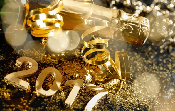 Новый Год, gold, new year, шампанское, happy, серпантин, champagne, 2017