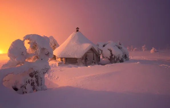 Картинка зима, снег, деревья, пейзаж, природа, домик, сумерки, Лапландия