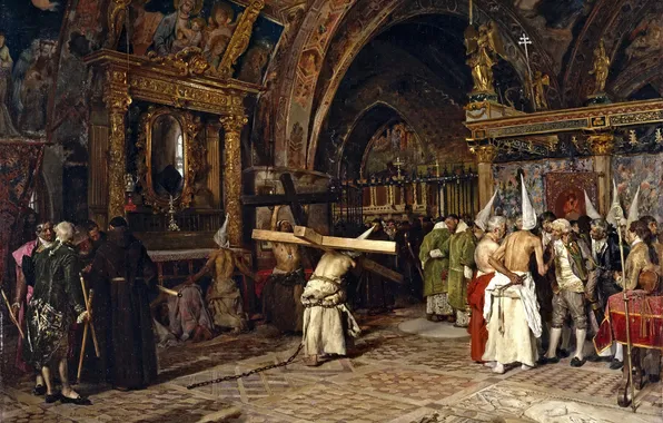 Картинка интерьер, картина, мифология, Хосе Хименес Аранда, Penitents in the Lower Basilica of Assisi