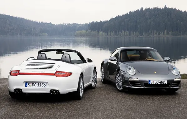 Картинка озеро, 911, Porsche, два