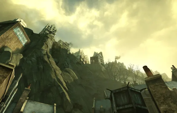 Картинка небо, тучи, город, скалы, Dishonored