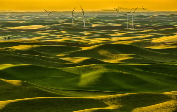 Картинка трава, холмы, поля, Италия, Тоскана, ветряная мельница