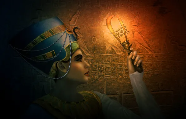 Девушка, украшения, арт, полумрак, египет, египтянка, царица, Нефертити