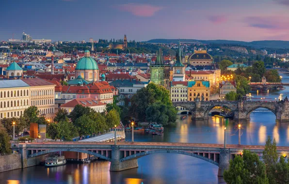Картинка мост, река, Прага, Чехия, панорама, Влтава