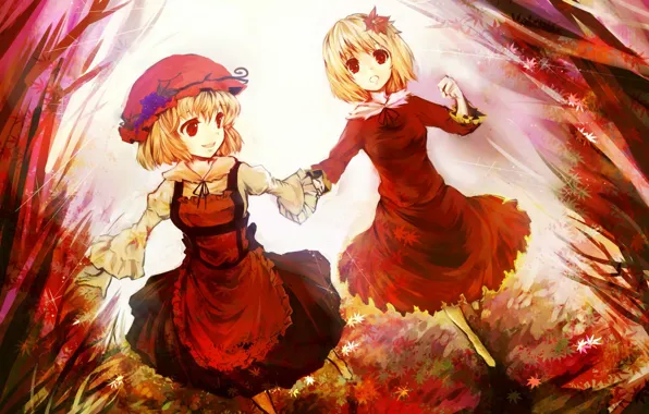 Осень, листья, красные глаза, сестры, touhou, бегут, фартук, Touhou Project