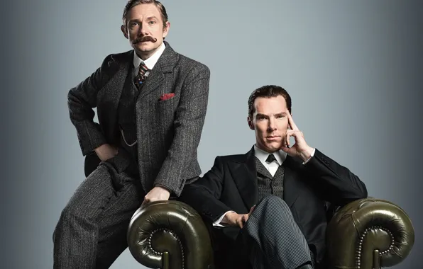 Кресло, серый фон, Шерлок Холмс, Мартин Фриман, Бенедикт Камбербэтч, Sherlock, Sherlock BBC, Sherlock Holmes