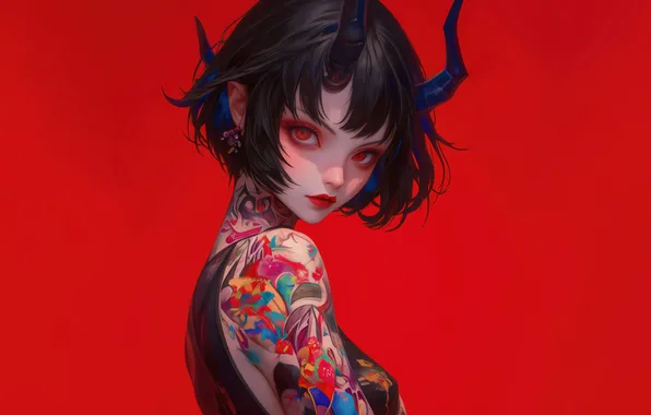 Girl, Anime, Horn, Red Background, Anime Girl, AI Art, AI Generated