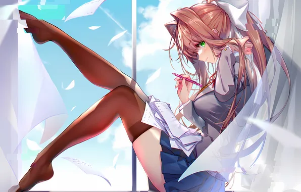 Girl, sexy, school uniform, thighhighs, red hair, green eyes, long hair, legs