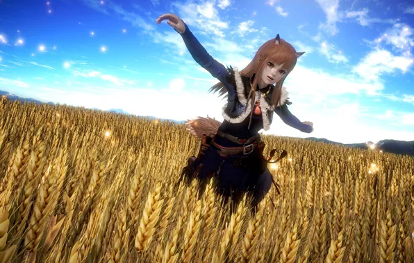 Поле, девушка, рыжая, ушки, Spice and Wolf, Holo, 3д графика, Волчица И Пряности