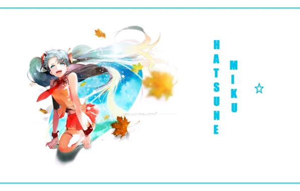 Улыбка, галстук, vocaloid, Hatsune Miku, голубые волосы, кленовые листья, Хатсуне Мику