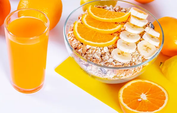 Картинка стакан, апельсин, завтрак, сок, мюсли
