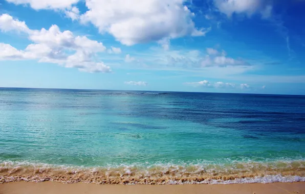 Картинка песок, море, волны, пляж, небо, облака, пейзаж, голубое