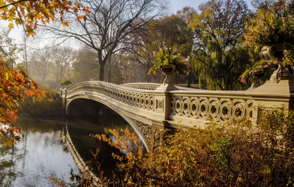 Осень, мост, река, деревья. листья, пейзаж. природа. красота