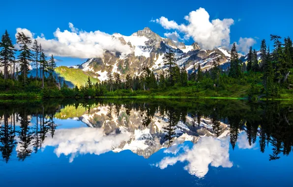 Облака, деревья, горы, озеро, отражение, Гора Шуксан, Каскадные горы, Washington State