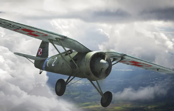 Картинка небо, рисунок, арт, истребитель-моноплан, одномоторный, WW2, польский, PZL P.11
