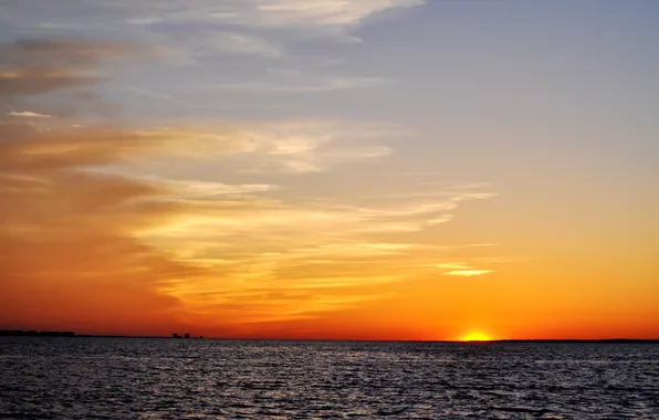 Картинка волны, солнце, закат, берег, Флорида, горизонт, Мексиканский залив, Наварра-Бич