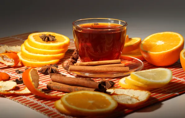 Картинка чай, апельсины, чашка, корица