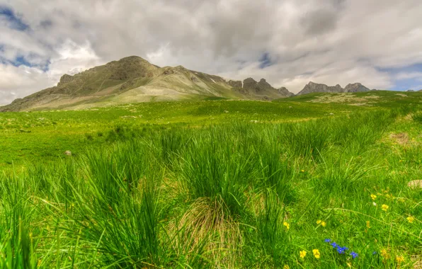 Картинка зелень, трава, облака, горы, Франция, долина, Jausiers