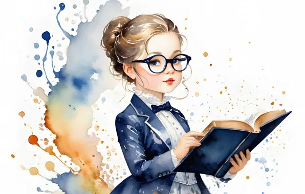 Очки, девочка, белый фон, книга, кляксы, форма, живопись, ученица