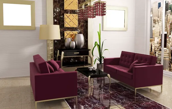 Картинка фиолетовый, дизайн, стиль, комната, интерьер, диваны, бордовый