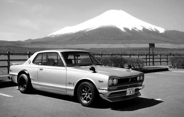 Картинка Япония, Гора, Машина, ч/б, Ниссан, Japan, Nissan, 2000