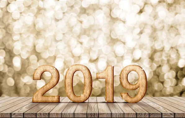 Happy, Новый Год, цифры, 2019, new year, боке, wood, background