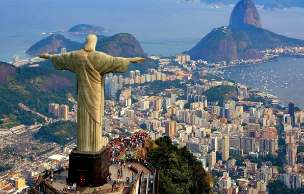 Картинка море, гора, дома, бухта, статуя, Бразилия, Рио-де-Жанейро, Христос