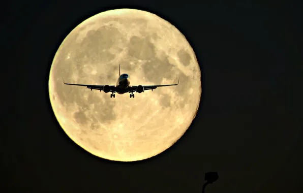 Ночь, луна, силуэт, самолёт