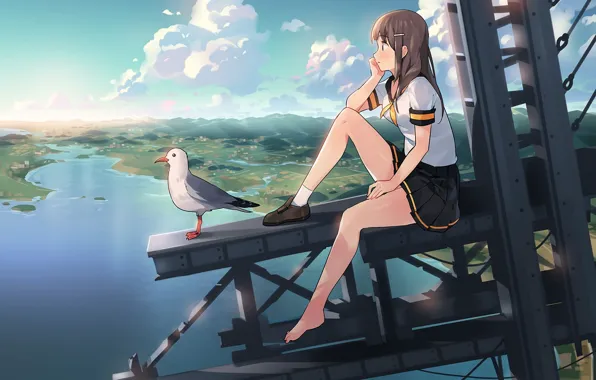 Девушка, пейзаж, высота, чайка, аниме, арт, небо. облака, ddal