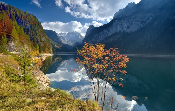Осень, облака, деревья, пейзаж, горы, природа, озеро, отражение