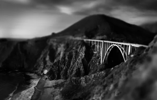 Горы, мост, фото, чёрно-белое, обработка, арт, изображение